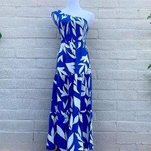 Fashion One Shoulder Smocked Maxi Dress Blue White Leaf‎ Print Tiered Ruffle, Sm